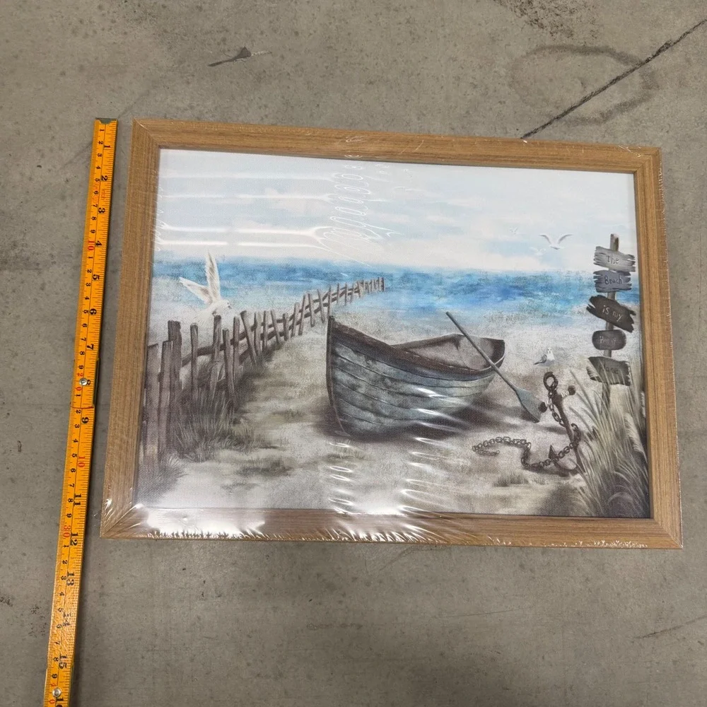 Coastal Beach Scene Framed Canvas Wall Art Rowboat Anchor Nautical Decor 12x16